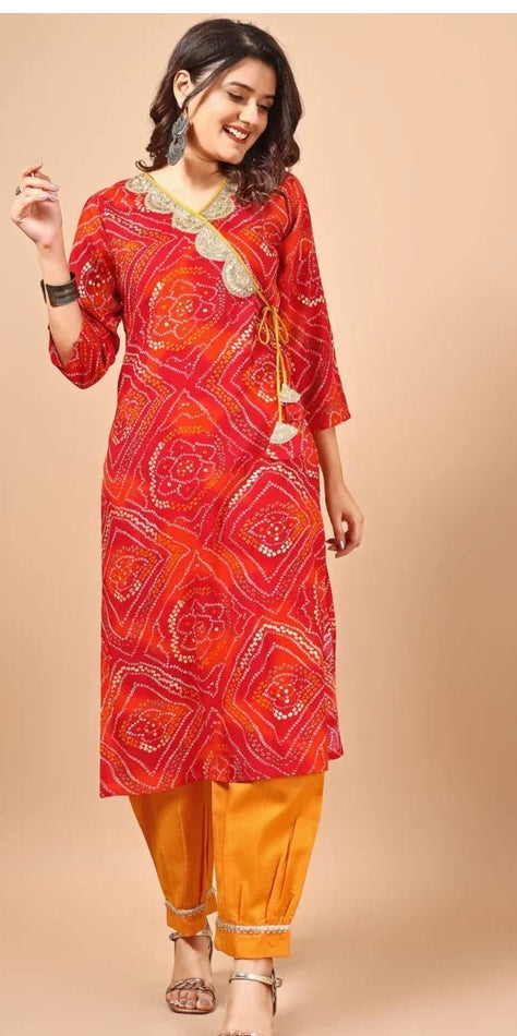 Ethnic Red Bandhani Print Kurta Paired with Mustard Pants